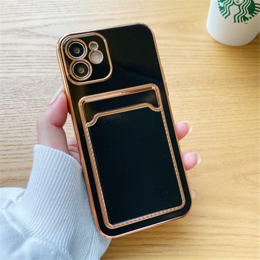 Luxury Plating Silicone Card Slot Holder Case For iPhone 14 12 13 Pro Max Elegant Women Soft Wallet Shockproof Cover Soft Bumper Beautiful Shiny Color Smartphone Case For Women