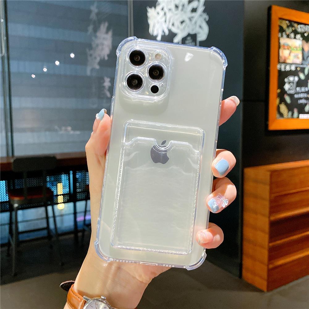 Transparent Card Slot Holder Case for iPhone 13 11 12 14 Pro Max Mini Clear Shockproof Soft Wallet Cover Clear Phone Case with Card Holder Slim Protective Soft Shock Absorbing Case with Card Holder