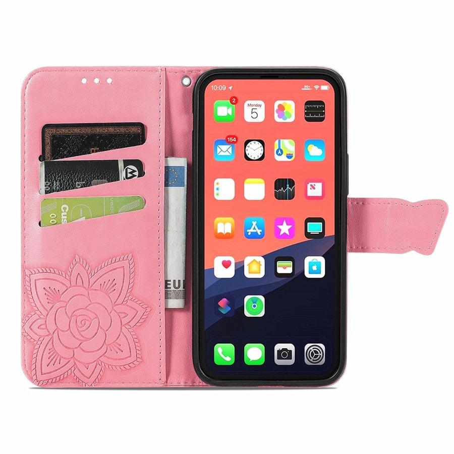 Luxury Pink Butterfly Flower Wallet Flip Case For iPhone 14 Pro Max 13 12 Classic Simple Leather Wallet Case with Card Holder Kickstand Wrist Strap Flip Cover for iPhone