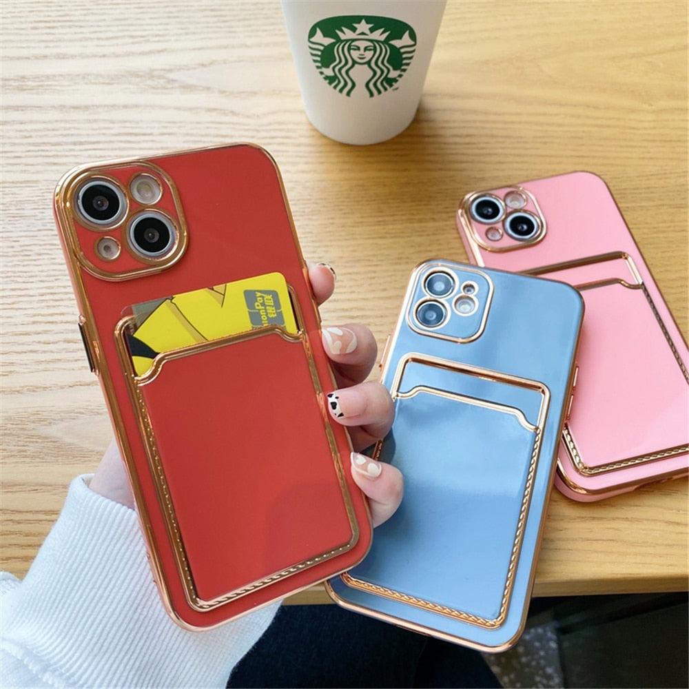 Luxury Plating Silicone Card Slot Holder Case For iPhone 14 12 13 Pro Max Elegant Women Soft Wallet Shockproof Cover Soft Bumper Beautiful Shiny Color Smartphone Case For Women