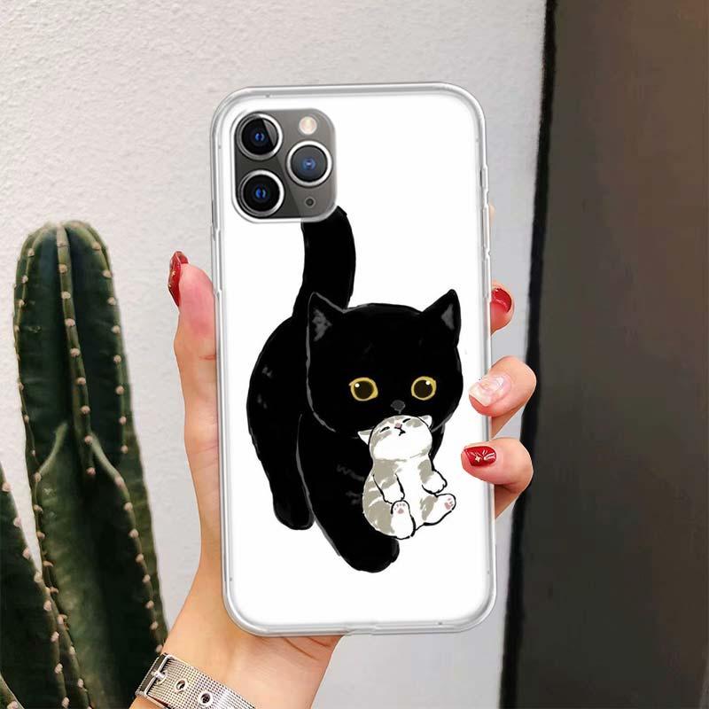 Black Cat Cartoon Cute For Iphone 11 13 14 Pro Max 12 Mini Phone Case X Xs Xr 6 6s 8 7 Plus Se 5 5s Cover Cute Funny Aesthetic Cat Design Pattern Silicone Soft Phone Case