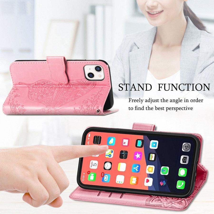 Luxury Pink Butterfly Flower Wallet Flip Case For iPhone 14 Pro Max 13 12 Classic Simple Leather Wallet Case with Card Holder Kickstand Wrist Strap Flip Cover for iPhone