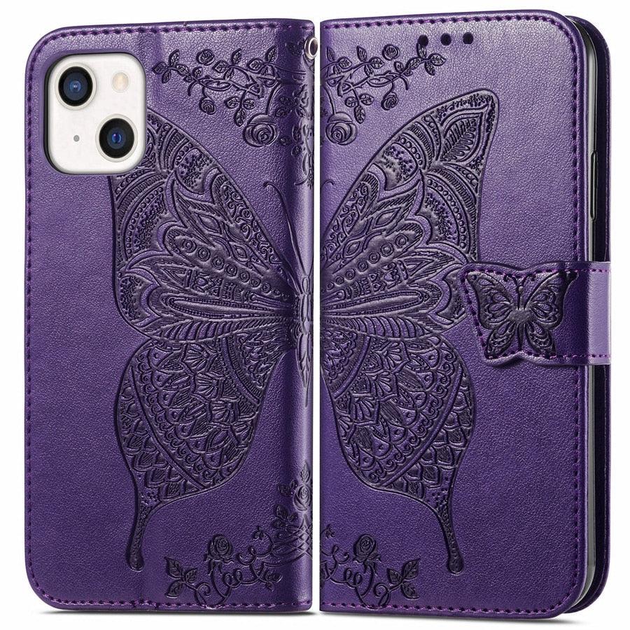 Luxury Pink Butterfly Flower Wallet Flip Case For iPhone 14 Pro Max 13 12 Classic Simple Leather Wallet Case with Card Holder Kickstand Wrist Strap Flip Cover for iPhone