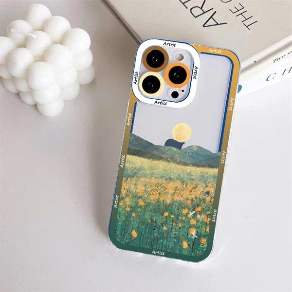 Fashion Colorful Landscape Art Hand Painted Scenery Phone Case for iphone 11 12 13 Pro Max X XR XS 7 8 Plus Transparent Covers Painting Fashion Graphic Case Women Men Soft Shockproof Case for iPhone