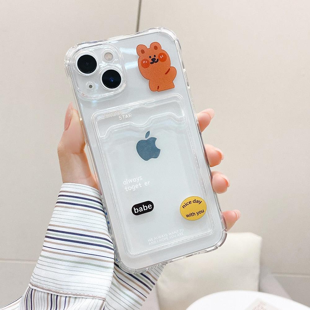 Transparent Cute Heart Pattern Phone Cases For iPhone 13 14 Pro Max Simple Luxurious Love Gradient Silicon Wallet Cover Card Holder Shockproof Bumper Protective Cover