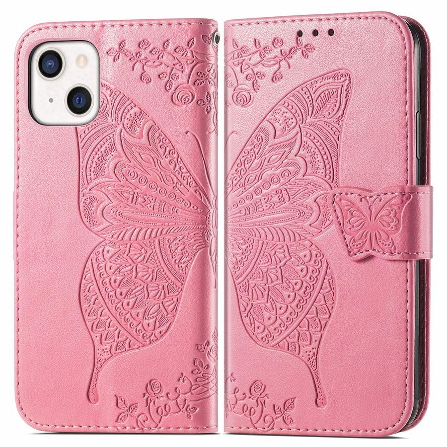 Luxury Pink Butterfly Flower Wallet Flip Case For iPhone 14 Pro Max 13 12 Classic Simple Leather Wallet Case with Card Holder Kickstand Wrist Strap Flip Cover for iPhone