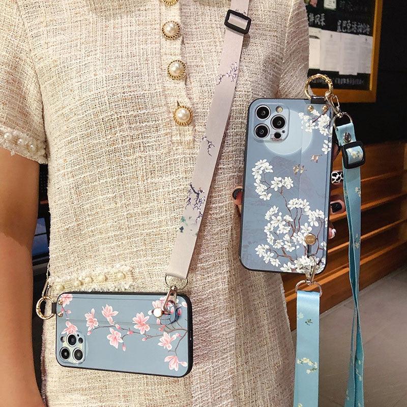 Ultra Luxury Case Cute Flower Design with Ring Kickstand Soft Crossbody Phone Cover for iPhone 13 14 Pro Max Case Fashion Crossbody Shoulder Strap Flower Leaf Phone Holder Cover for iPhone 12 11 X XR XS 7 8 Plus