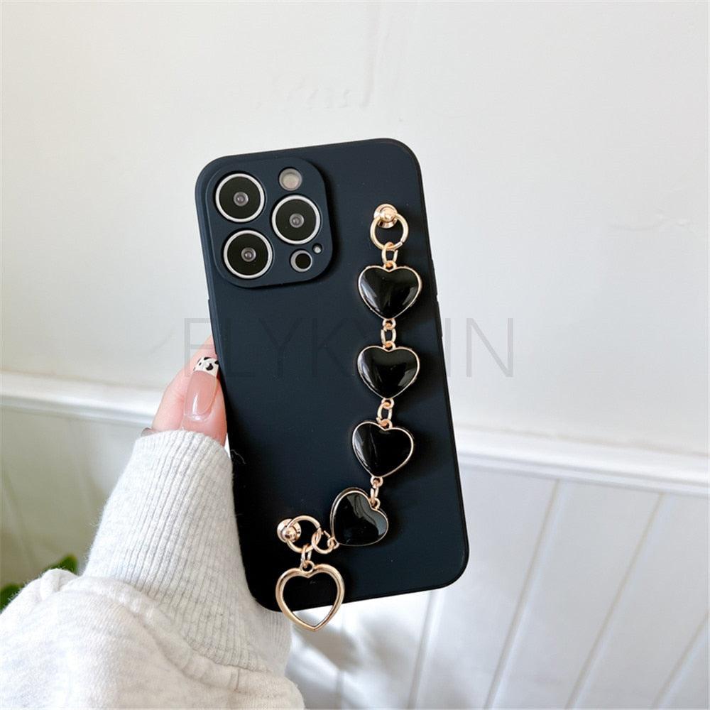 Soft Silicone Love Heart Chain Luxury Soft Flexible with Love Heart Chain Bracelet Hand Strap Girly Women Protective Cover for iPhone Wrist Bracelet Phone Case For iPhone 12 13 14 Pro Max Mini 11 Pro Max X XS Max XR 7 8 Plus