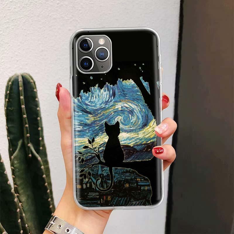 Black Cat Cartoon Cute For Iphone 11 13 14 Pro Max 12 Mini Phone Case X Xs Xr 6 6s 8 7 Plus Se 5 5s Cover Cute Funny Aesthetic Cat Design Pattern Silicone Soft Phone Case