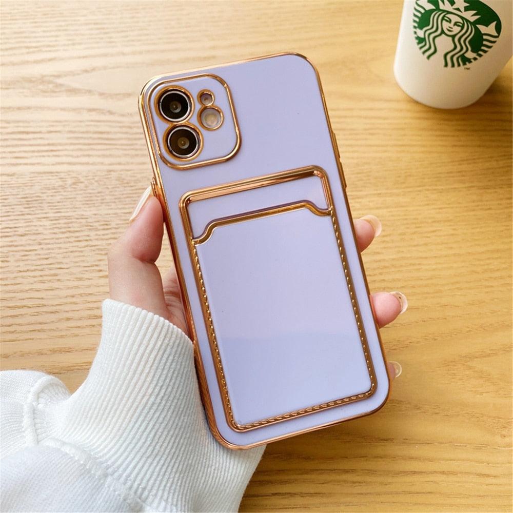 Luxury Plating Silicone Card Slot Holder Case For iPhone 14 12 13 Pro Max Elegant Women Soft Wallet Shockproof Cover Soft Bumper Beautiful Shiny Color Smartphone Case For Women