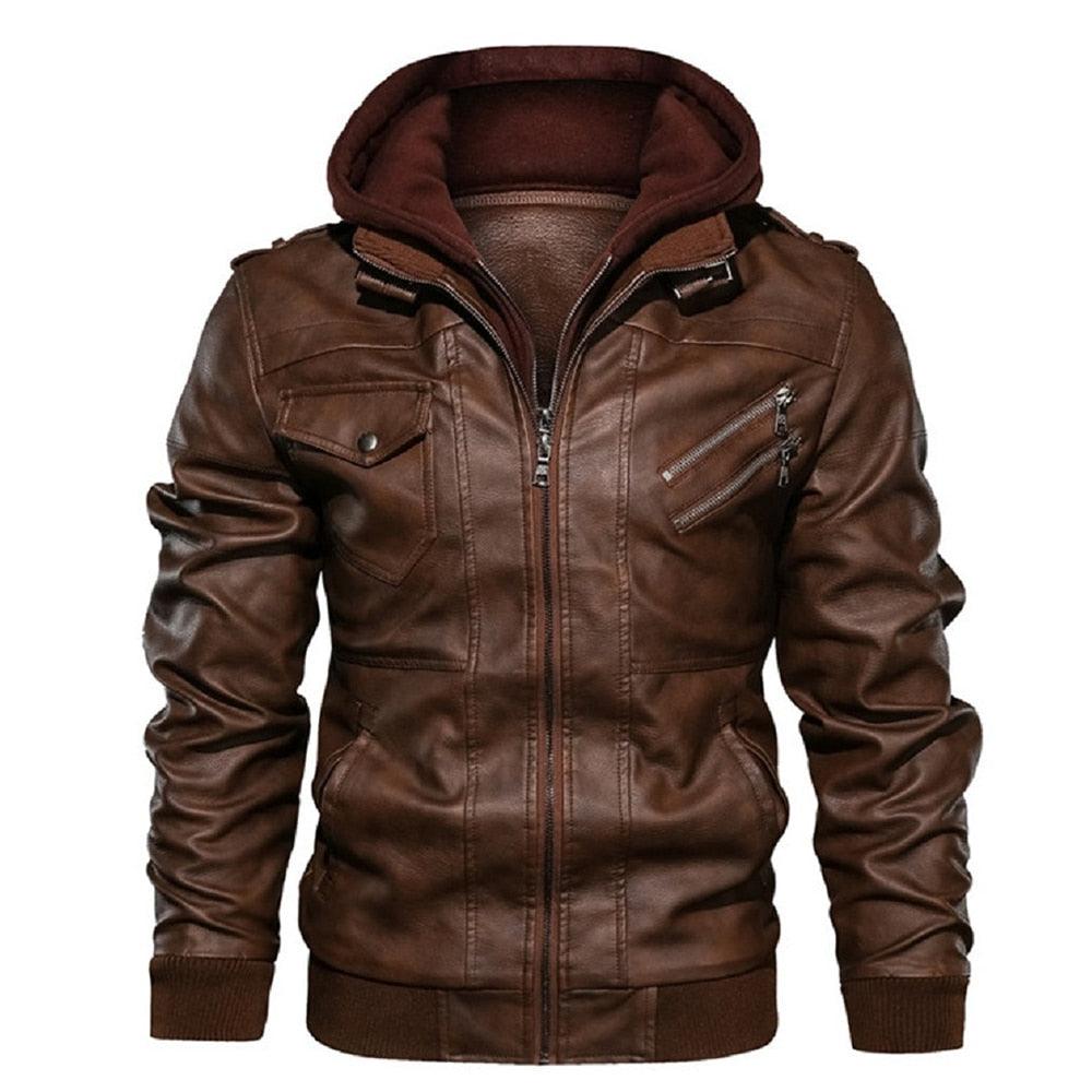 New Men's PU Leather Jackets Autumn Casual Motorcycle Jacket Biker Hooded Jackets Autumn Casual Warm Jacket Men Winter Clothing Jackets Men Black Vintage Motorcycle Jacket With Removable Hood