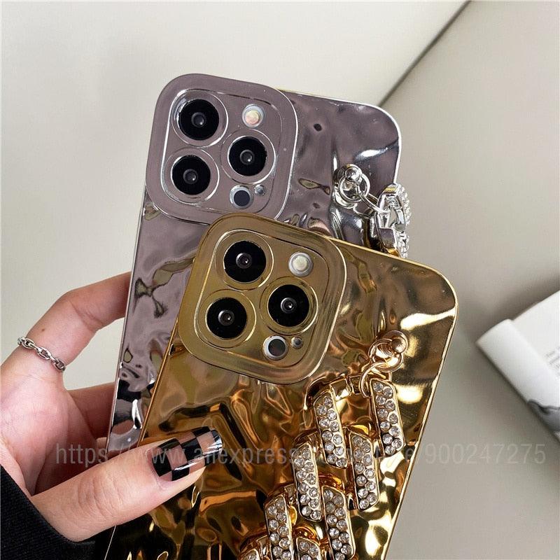 Luxury Gold Plating Electroplated Bracelet Cute Compatible with iPhone Diamond Case Luxury Sparkle Glitter Rhinestone  Phone Case For iPhone 14 13 Promax 11 12 Pro Max Mini Xs Max XR 8 7 Plus Mirror Cover