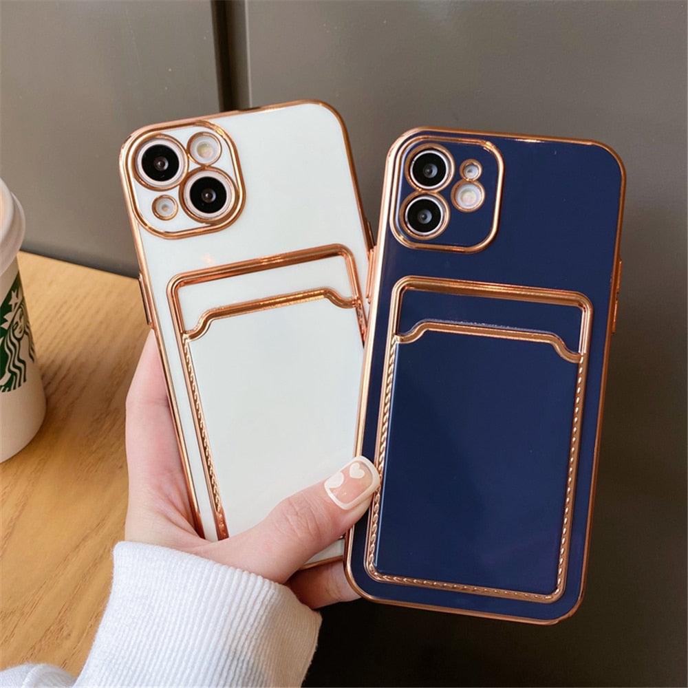 Luxury Plating Silicone Card Slot Holder Case For iPhone 14 12 13 Pro Max Elegant Women Soft Wallet Shockproof Cover Soft Bumper Beautiful Shiny Color Smartphone Case For Women