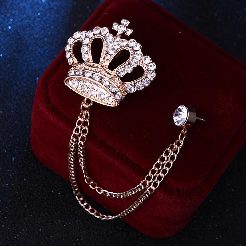 Luxury Rhinestone Crown Brooch Men Suit Luxury Rhinestone Crown Brooch Pin Crystal Tassel Badge For Suit Shirt Collar Corsage Shirt Badge Elegant Brooches For Men Jewelry Accessories Crown Hanging Chain Brooch