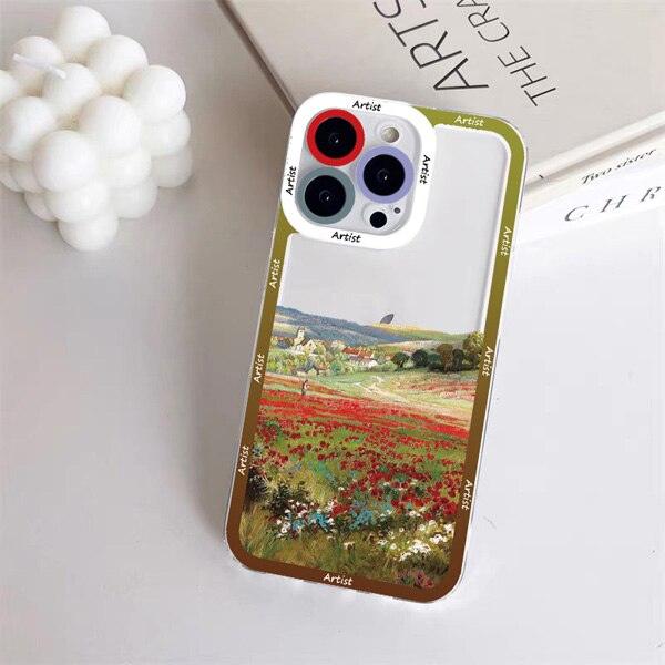 Fashion Colorful Landscape Art Hand Painted Scenery Phone Case for iphone 11 12 13 Pro Max X XR XS 7 8 Plus Transparent Covers Painting Fashion Graphic Case Women Men Soft Shockproof Case for iPhone