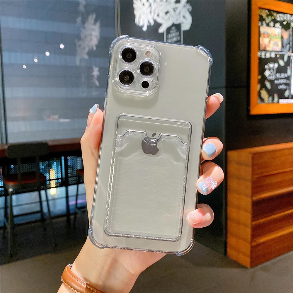 Transparent Card Slot Holder Case for iPhone 13 11 12 14 Pro Max Mini Clear Shockproof Soft Wallet Cover Clear Phone Case with Card Holder Slim Protective Soft Shock Absorbing Case with Card Holder