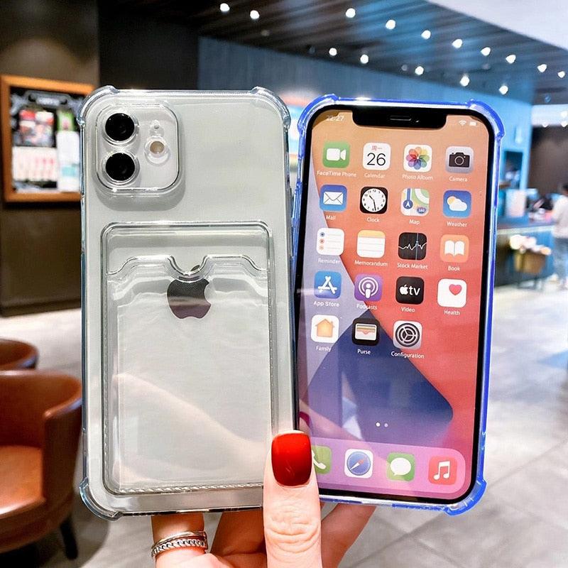 Transparent Card Slot Holder Case For iPhone11 13 12 Pro Max X XS XR Max 8 Plus Clear Shockproof Soft Wallet Cover Clear Case with Card Slot Slim Fit Shockproof Soft Protective Case