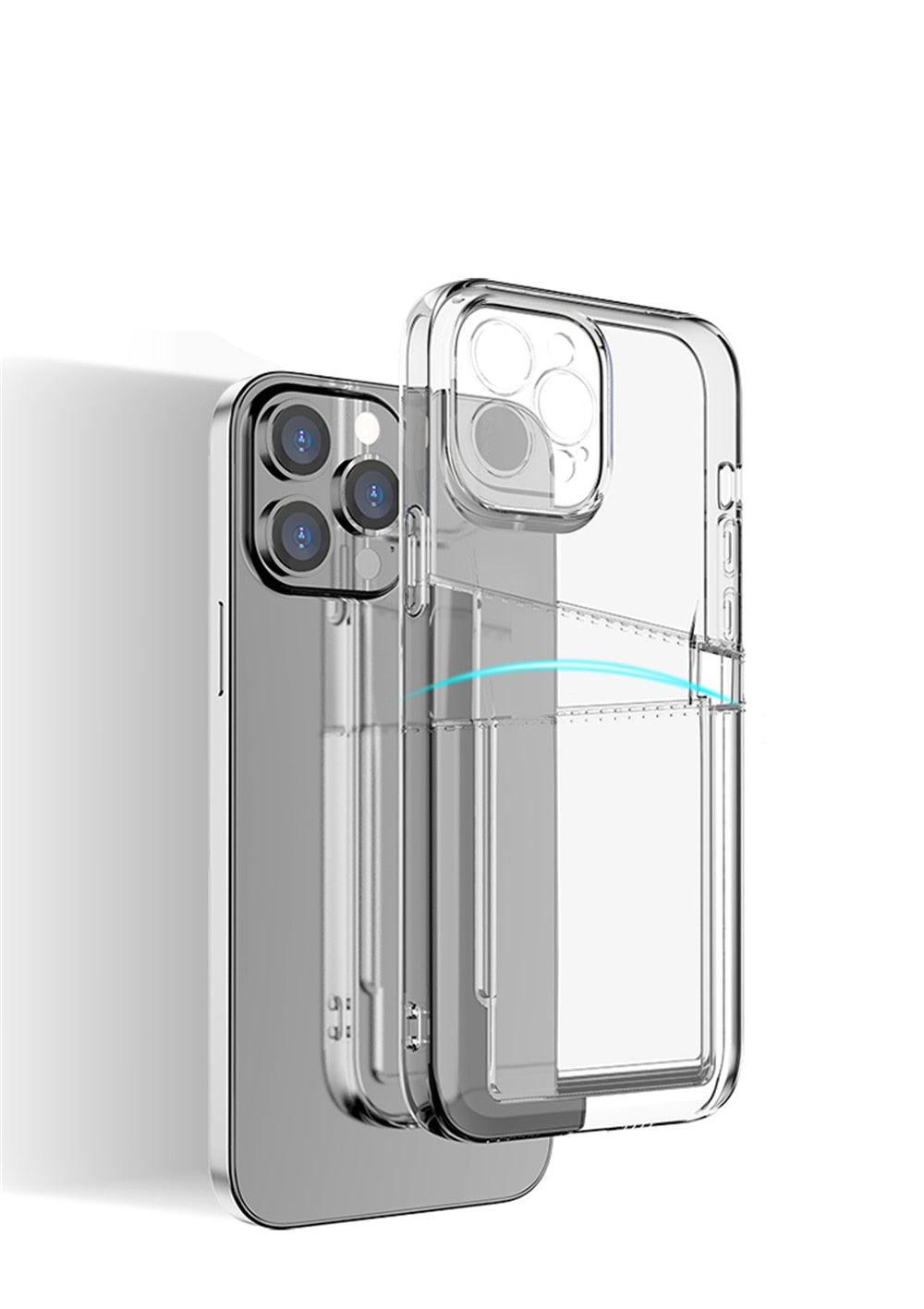 Transparent Shockproof Dual Card Slot Holder Phone Case For iPhone 13 12 11 Pro Max XR X XS Max 7 8 Plus 14Pro Wallet Transparent Soft Cover Card Storage Bumper Case For iPhone