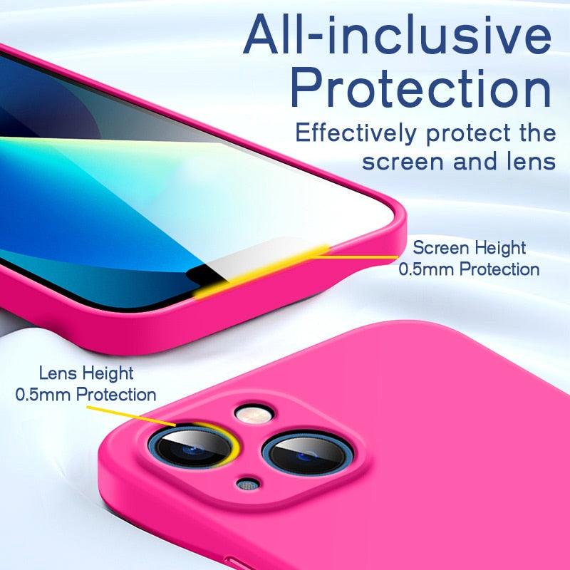 Square Silicone Case for IPhone 13 Pro Max 12 Mini Full Protector Silicone Ultra-Thin Shockproof Case Soft Scratch-Resistant Microfiber Lining Cover With Strap