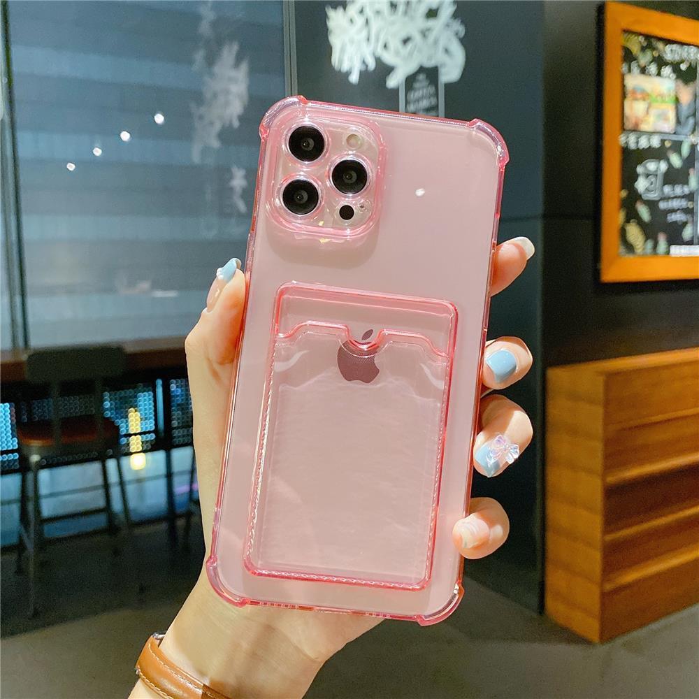 Transparent Card Slot Holder Case for iPhone 13 11 12 14 Pro Max Mini Clear Shockproof Soft Wallet Cover Clear Phone Case with Card Holder Slim Protective Soft Shock Absorbing Case with Card Holder