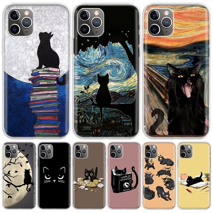 Black Cat Cartoon Cute For Iphone 11 13 14 Pro Max 12 Mini Phone Case X Xs Xr 6 6s 8 7 Plus Se 5 5s Cover Cute Funny Aesthetic Cat Design Pattern Silicone Soft Phone Case