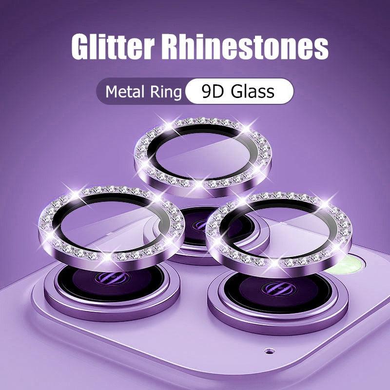 Glitter Diamond Rhinestones Metal Ring Camera Tempered Glass For iPhone 11 12 13 14 Pro Max Mini Plus Lens Protector Full Cover 9H Tempered Glass Camera Lens Protector Metal Single Ring Full Coverage Camera Lens Protector