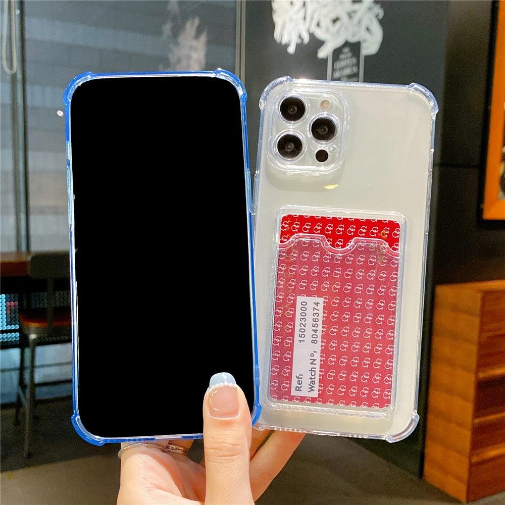 Transparent Card Slot Holder Case for iPhone 13 11 12 14 Pro Max Mini Clear Shockproof Soft Wallet Cover Clear Phone Case with Card Holder Slim Protective Soft Shock Absorbing Case with Card Holder