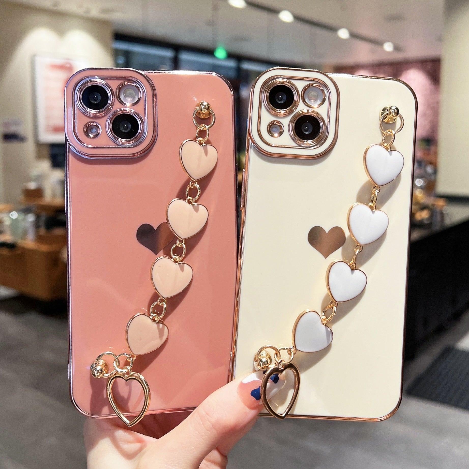 Luxury Love Heart Elegant Sparkle Case With Chain Bracelet Strap Soft Protective Bumper Cover Compatible with iPhone  Bracelet soft case for iPhone 12 Pro Max 11 pro max X XS XR 7 8 Plus Stylish Phone Cover