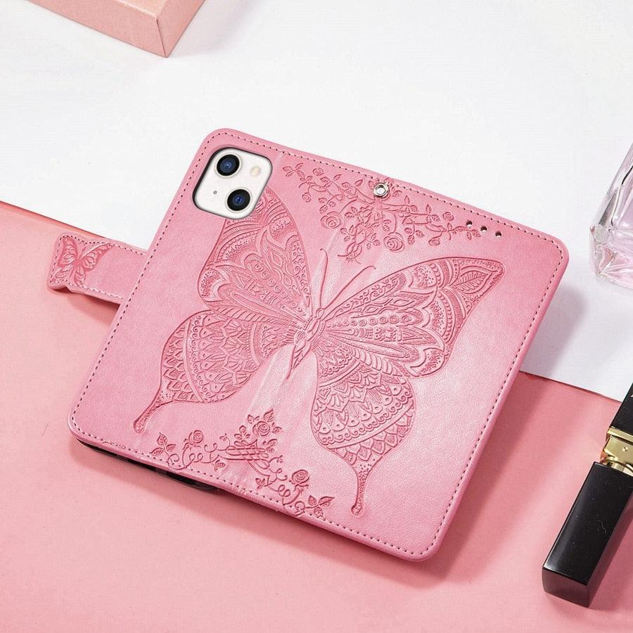 Luxury Pink Butterfly Flower Wallet Flip Case For iPhone 14 Pro Max 13 12 Classic Simple Leather Wallet Case with Card Holder Kickstand Wrist Strap Flip Cover for iPhone