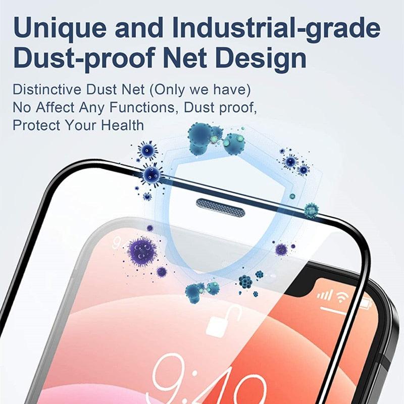 2PCS Alloy Dust Net Tempered Glass for Iphone 14 13 12 11 Pro XS MAX XR Screen Protector for IPhone 13Mini 14Plus Protective Glass  Full Edge-to-Edge Screen Protection Glue Tempered Glass for iPhone