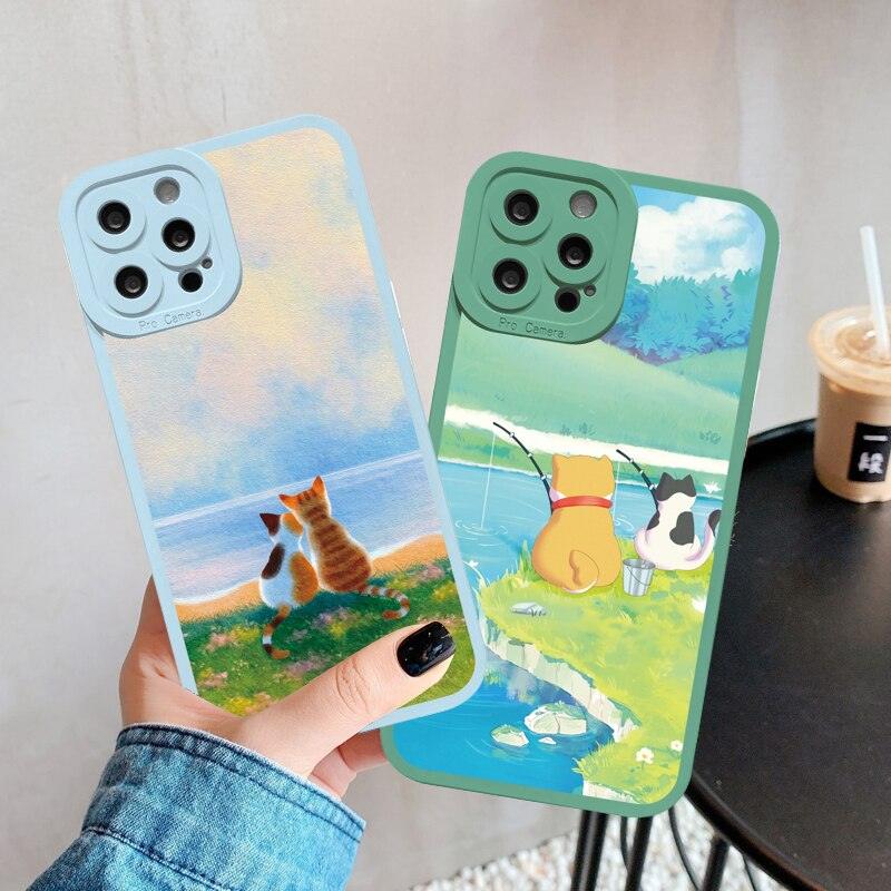 Great Cat Scenery Phone Case For iphone X XR XS 11 12 14 13 Pro Max backward cat Case For iphone 7 8Plus SE2 Soft Print Design for Women Grils Shockproof Slim Fit Cover Protective Phone Case for iPhone