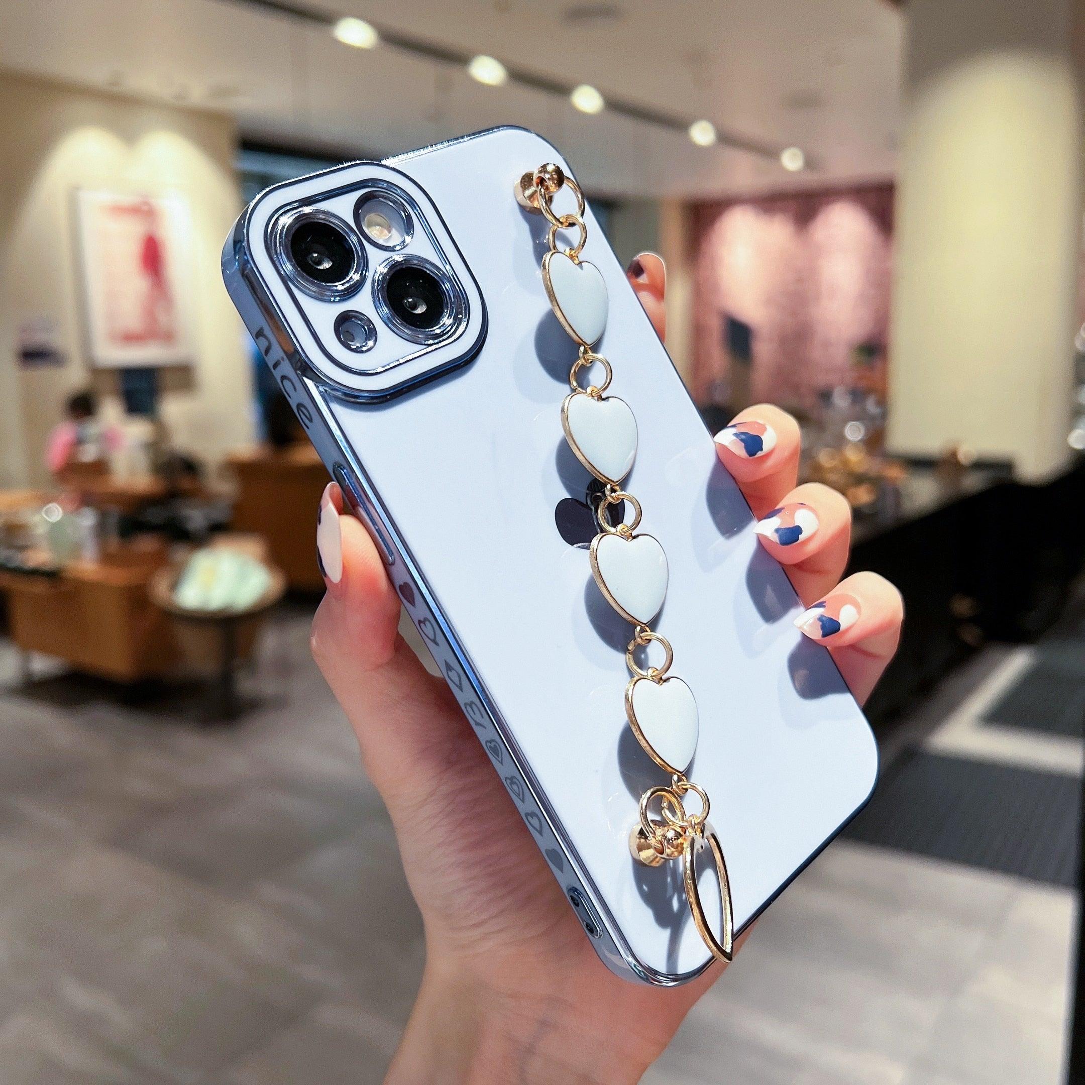 Luxury Love Heart Elegant Sparkle Case With Chain Bracelet Strap Soft Protective Bumper Cover Compatible with iPhone  Bracelet soft case for iPhone 12 Pro Max 11 pro max X XS XR 7 8 Plus Stylish Phone Cover