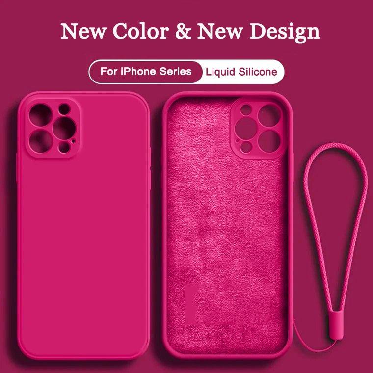 Square Silicone Case for IPhone 13 Pro Max 12 Mini Full Protector Silicone Ultra-Thin Shockproof Case Soft Scratch-Resistant Microfiber Lining Cover With Strap