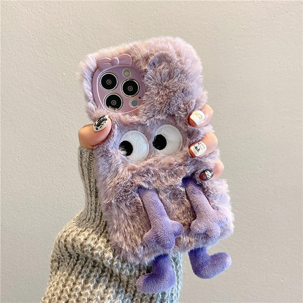 3D Cute Hairy Fluffy Fur Plush Winter Warm Phone Case For iPhone 14 13 12 11 Pro Max Plus Soft Cartoon Back Cover  Cute Fuzzy Furry Case Fashion Luxury Case