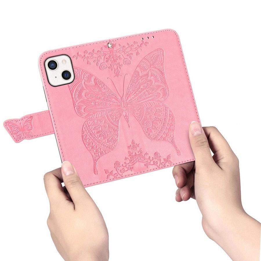 Luxury Pink Butterfly Flower Wallet Flip Case For iPhone 14 Pro Max 13 12 Classic Simple Leather Wallet Case with Card Holder Kickstand Wrist Strap Flip Cover for iPhone