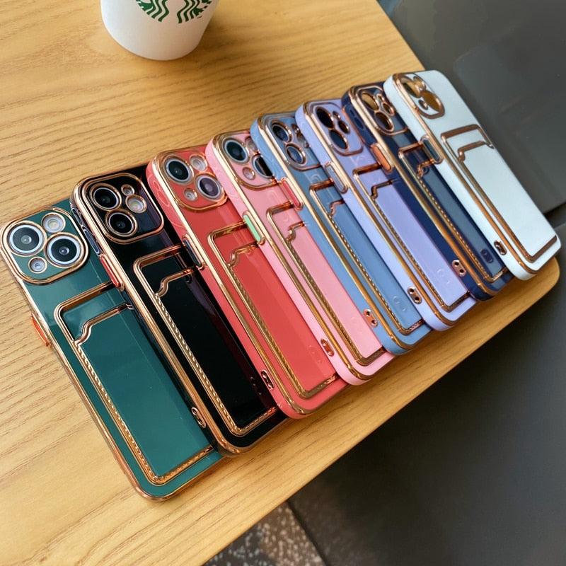 Luxury Plating Silicone Card Slot Holder Case For iPhone 14 12 13 Pro Max Elegant Women Soft Wallet Shockproof Cover Soft Bumper Beautiful Shiny Color Smartphone Case For Women