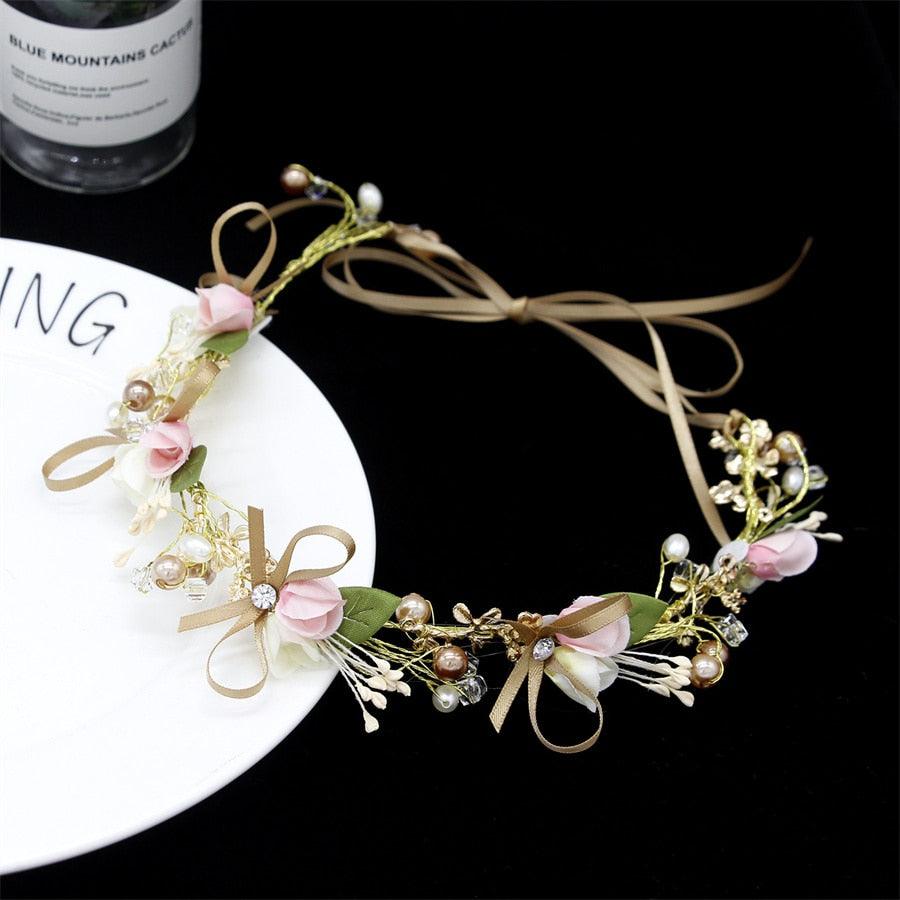 New High Quality Spring Pearl Crowns Beach Hawaii Floral Garland Romantic Faux Rose Wedding Wreaths Flower Headband Girl Bride Rose Flower Crown Wedding Festival Headband