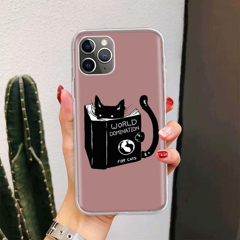 Black Cat Cartoon Cute For Iphone 11 13 14 Pro Max 12 Mini Phone Case X Xs Xr 6 6s 8 7 Plus Se 5 5s Cover Cute Funny Aesthetic Cat Design Pattern Silicone Soft Phone Case