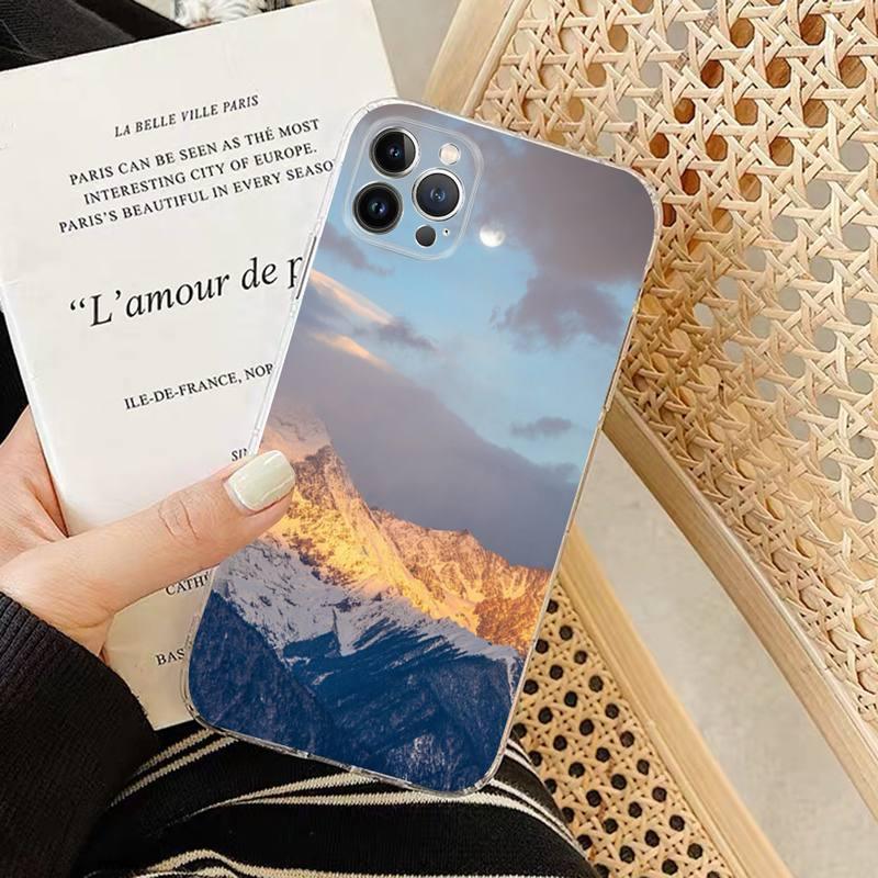 Snow Mountain Sunset Phone Case For iPhone 14 13 Pro Max Transparent Nature Landscape Painting Mountain Design Clear Case Soft Stylish Slim Thin Cute Raised Lips Anti-Scratch Protective Case