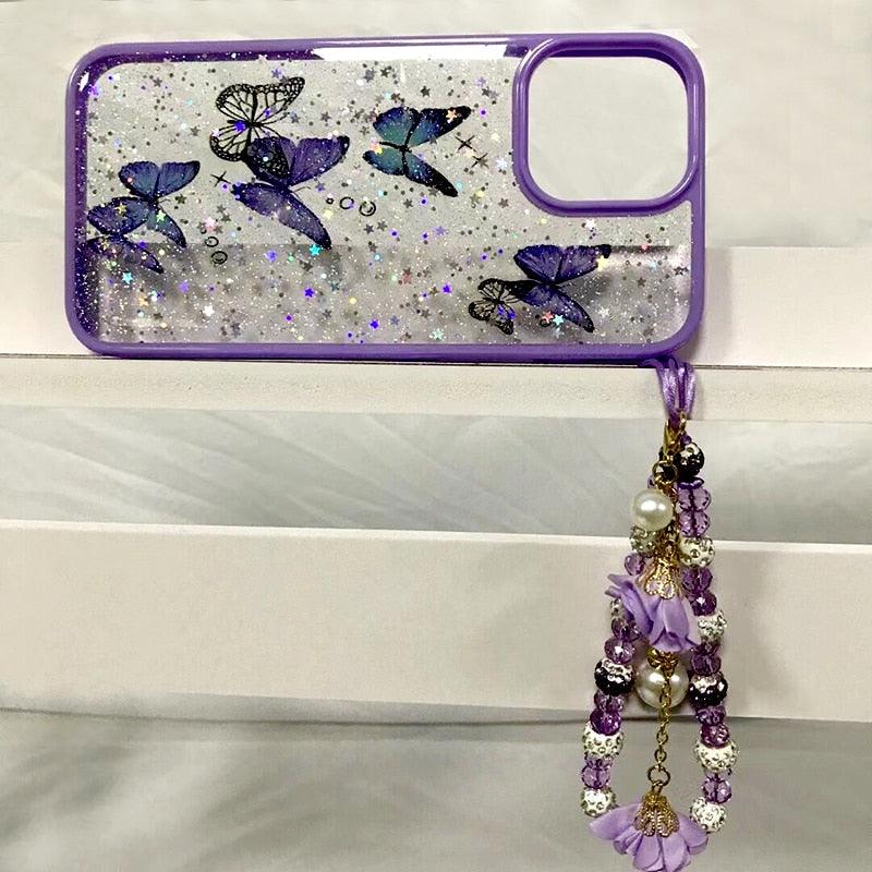 Butterfly Phone Case for iPhone 14 Pro Max 13 12 11 XS XR X 7 8 plus Glitter Clear Covers Bracelet With Lady Pendant Non Moving Dry Fixed Glitter Luxury Shiny Butterfly Wrist Bracelet Chain Soft Silicone Case For Smartphone