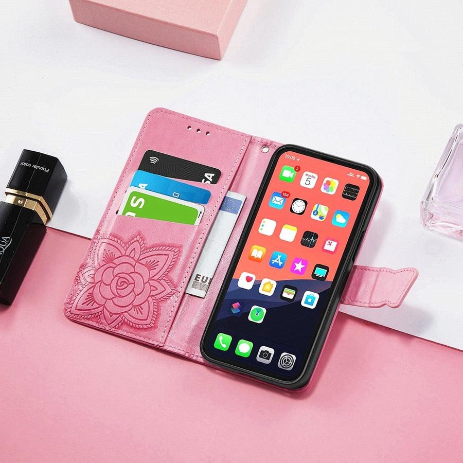 Luxury Pink Butterfly Flower Wallet Flip Case For iPhone 14 Pro Max 13 12 Classic Simple Leather Wallet Case with Card Holder Kickstand Wrist Strap Flip Cover for iPhone