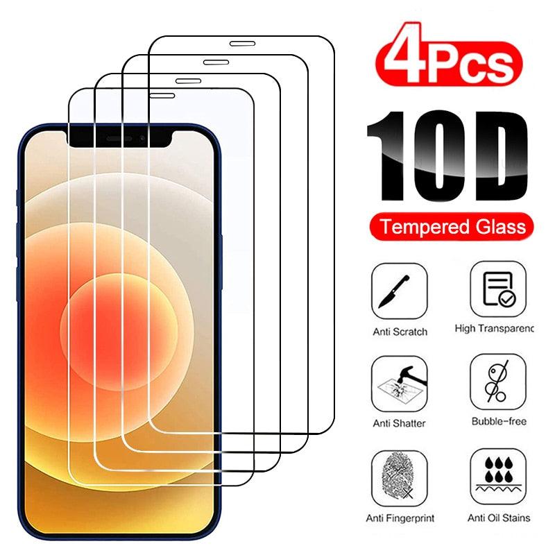 4PCS Full Cover Protective Glass For iPhone 11 12 13 14 Pro Max Screen Protector On iPhone X XR Xs Max 6S 7 8 Plus 13 Mini Glass Edge to Edge Coverage Ultra Clear Anti-Dust 9H Hardness Screen Protector