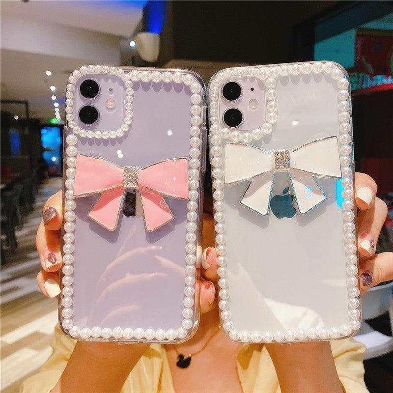 Cute Luxury Fashion 3d Bow Pearl Bracelet Girl Soft Case For iPhone 11 12 13 Pro Max 7 8 Plus Xr X Xs Se Anti-drop Cover Pearl Chain Bow Phone Case Ideal for iPhone Elegant Phone Case