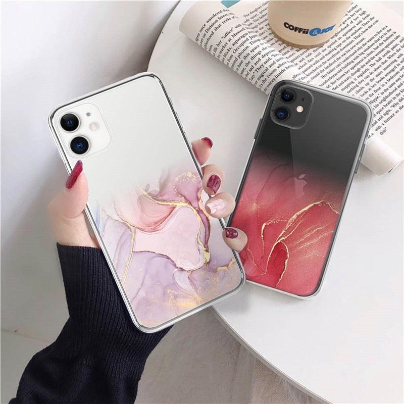 Luxury Marble Transparent Phone Case For iPhone 11 12 Pro XS Max X XR 7 8 Plus Soft Silicone Shockproof Cover  Green Marble Design Gold Sparkly Glitter Protective Stylish Slim Thin Cute Case for Phone