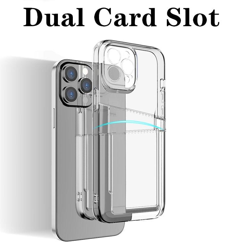 Transparent Shockproof Dual Card Slot Holder Phone Case For iPhone 13 12 11 Pro Max XR X XS Max 7 8 Plus 14Pro Wallet Transparent Soft Cover Card Storage Bumper Case For iPhone