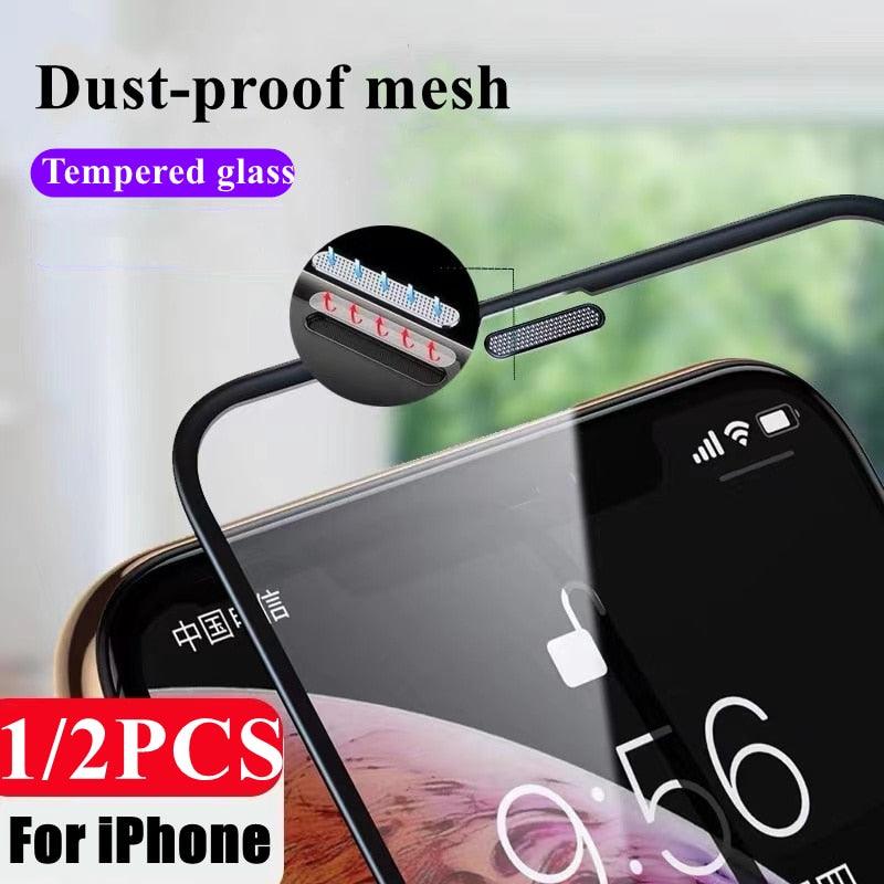 2PCS Alloy Dust Net Tempered Glass for Iphone 14 13 12 11 Pro XS MAX XR Screen Protector for IPhone 13Mini 14Plus Protective Glass  Full Edge-to-Edge Screen Protection Glue Tempered Glass for iPhone