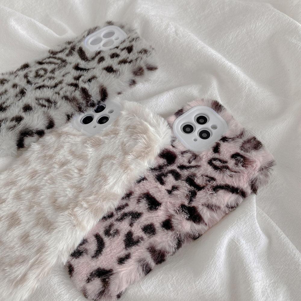 Fashion Fluffy Plush Leopard Camera Protection Phone Case For iphone 13 11 12 Pro MAX X XS XR Winter Warm Girl  Soft and Comfortable Case Unique Design Soft Cover