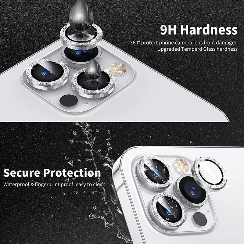 9H Tempered Glass Camera Cover Screen Protector Metal Individual Ring For iPhone Phone Glitter Camera Lens Protector Film For iPhone 14 13 12 11 Pro Max Luminous Lens Metal Glass Protective Cover