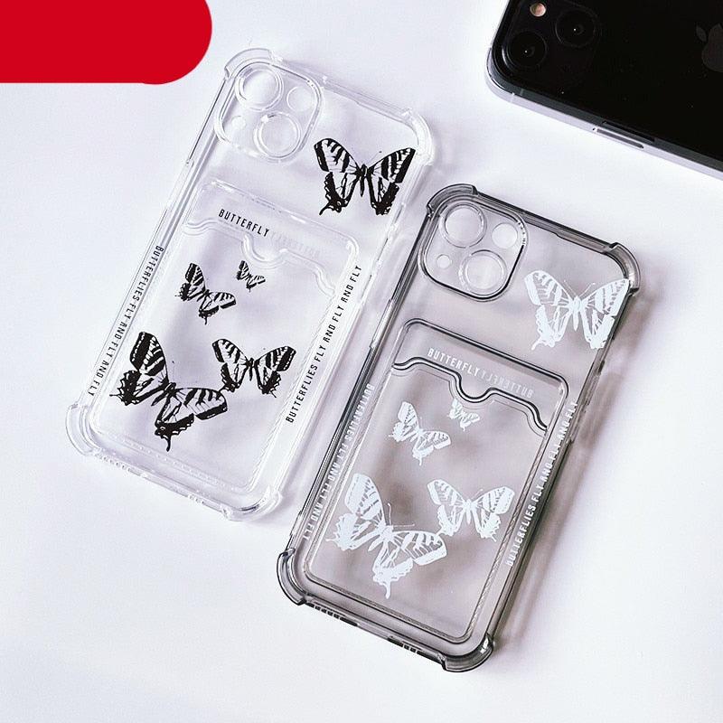 Transparent Butterfly Pattern Case For iPhone 14 Plus 13 12 11 Pro Max X XR XS Max Soft Card Slot Pocket Holder Wallet Cover Cute Butterfly Glitter Clear Phone Case Protective Cover With Card Holder