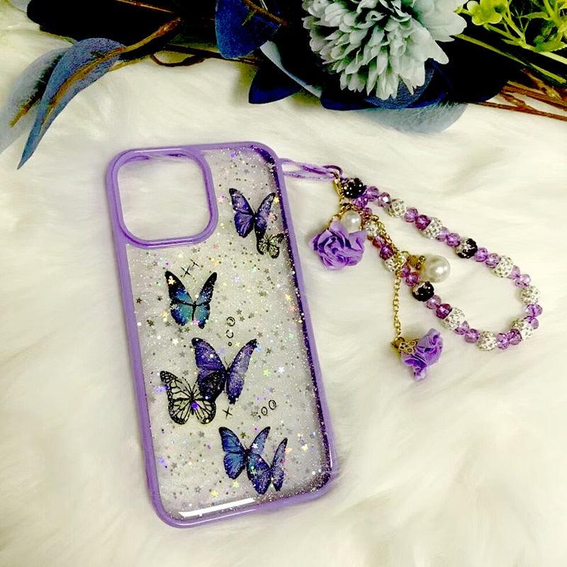 Butterfly Phone Case for iPhone 14 Pro Max 13 12 11 XS XR X 7 8 plus Glitter Clear Covers Bracelet With Lady Pendant Non Moving Dry Fixed Glitter Luxury Shiny Butterfly Wrist Bracelet Chain Soft Silicone Case For Smartphone